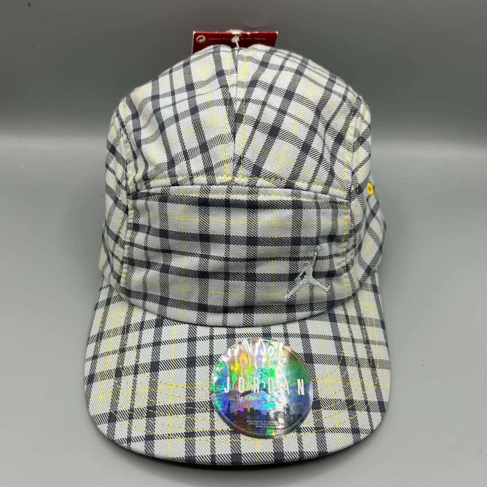 Air Jordan 5 Panel Hat Men Black Yellow Plaid Jumpman Strap Back Cap New‎